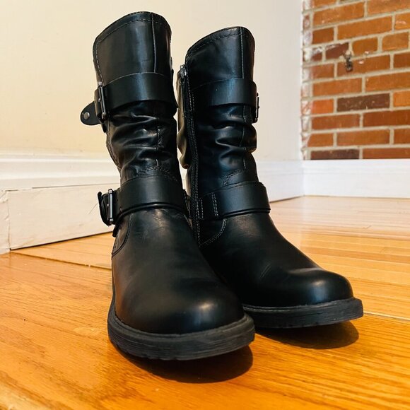 EARTH Women's Everwood Boots 7B Black Leather Mid-Calf Side Zipper Biker Moto - Picture 11 of 16